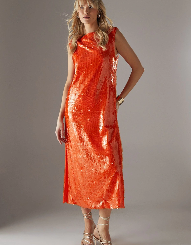 Sequin Shoulder Pad Sleeveless Column Midi Dress