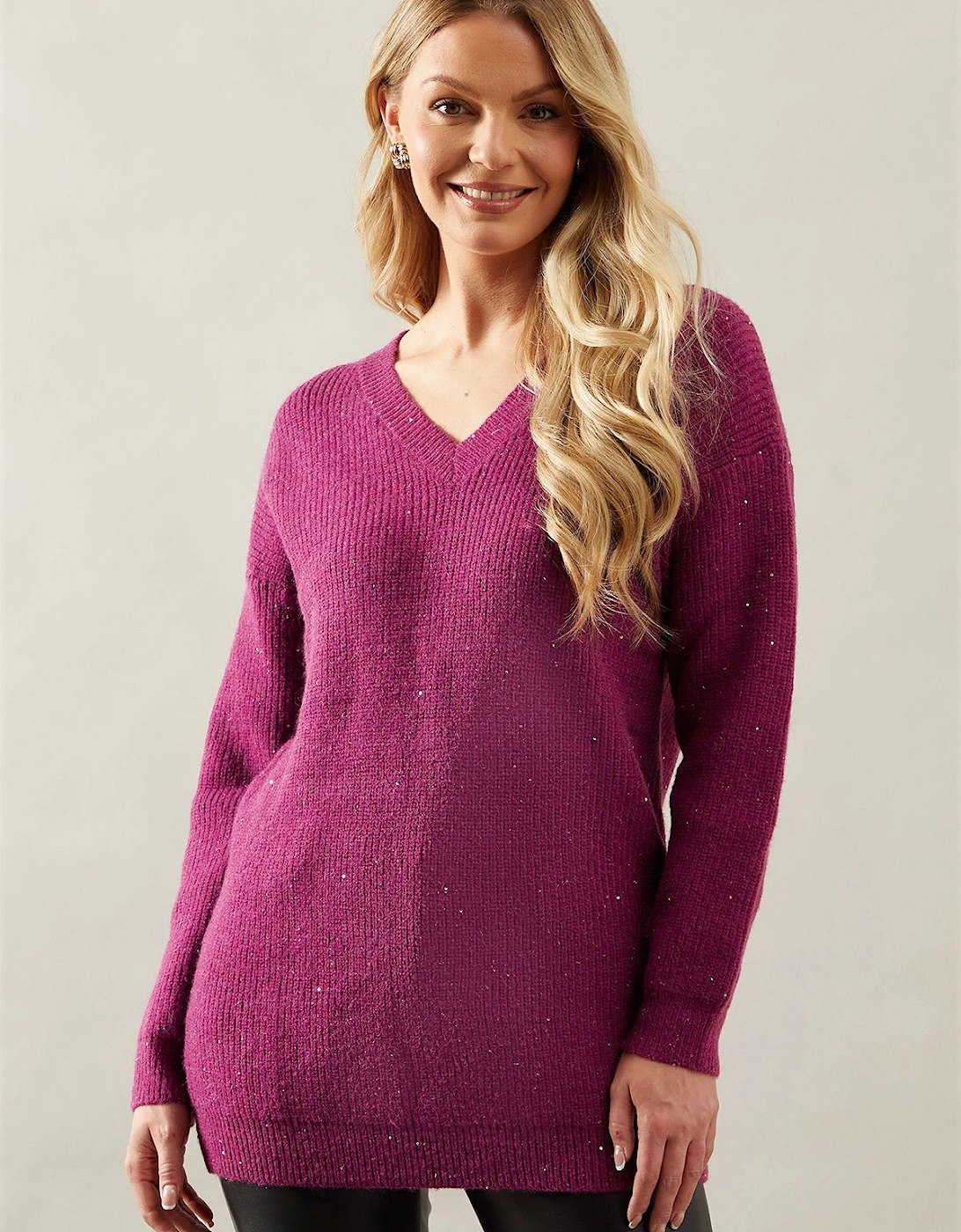Sequin Knit V Neck Knitted Tunic Dress, 2 of 1