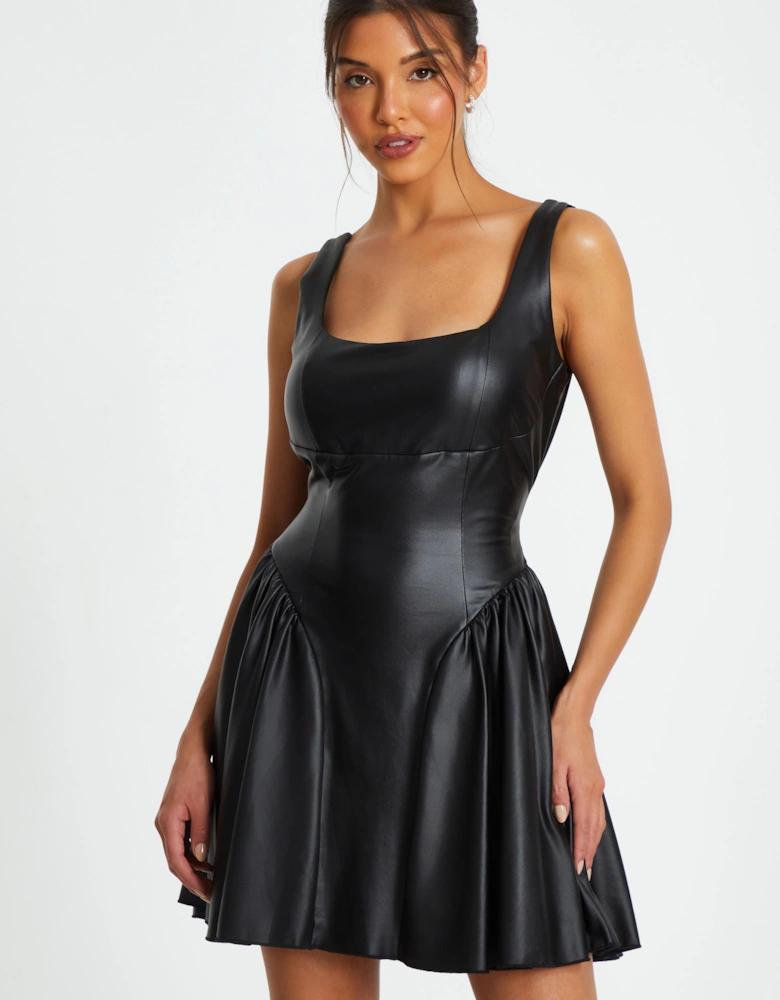 Black Faux Leather Skater Dress