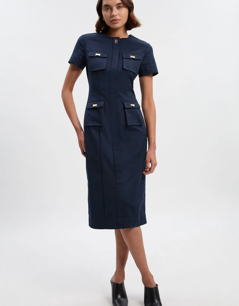 Techno Short Sleeve Hardware Detail Woven Midi Dress