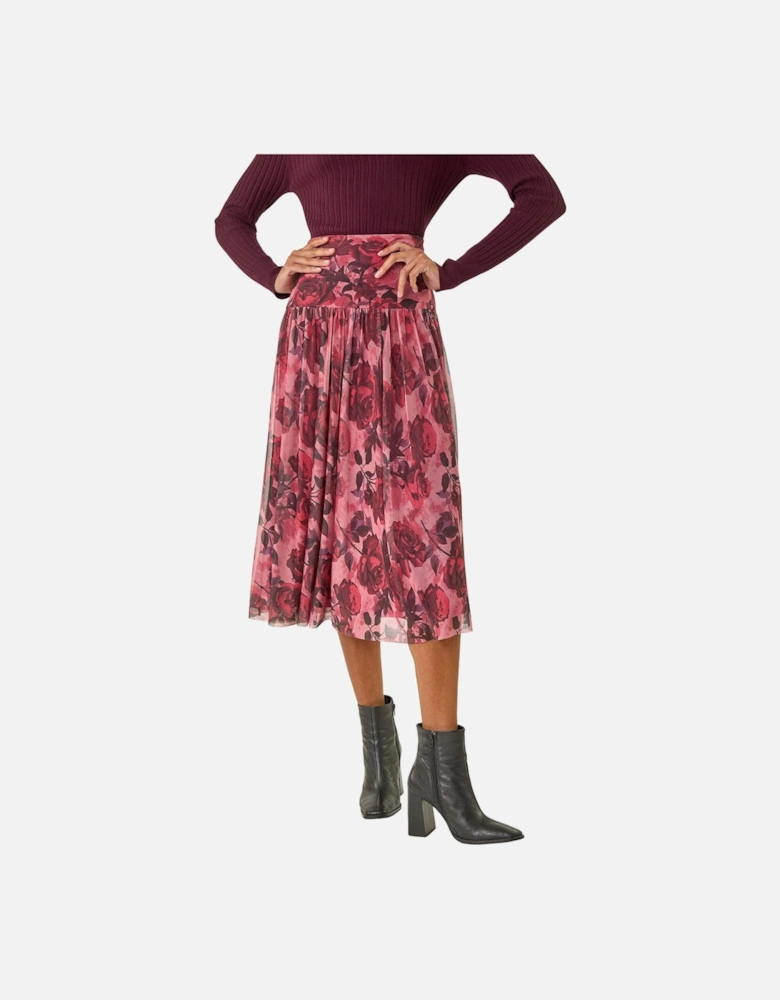 Rose Print Mesh Layered Skirt