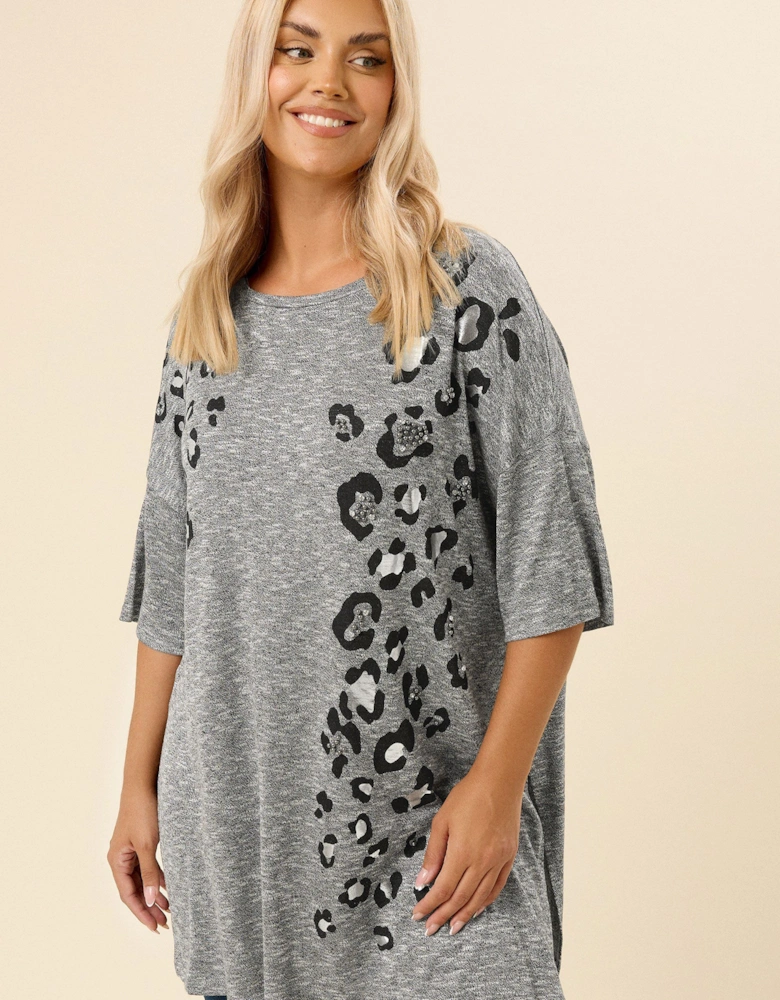 Leopard Embellished Drop Shoulder Top