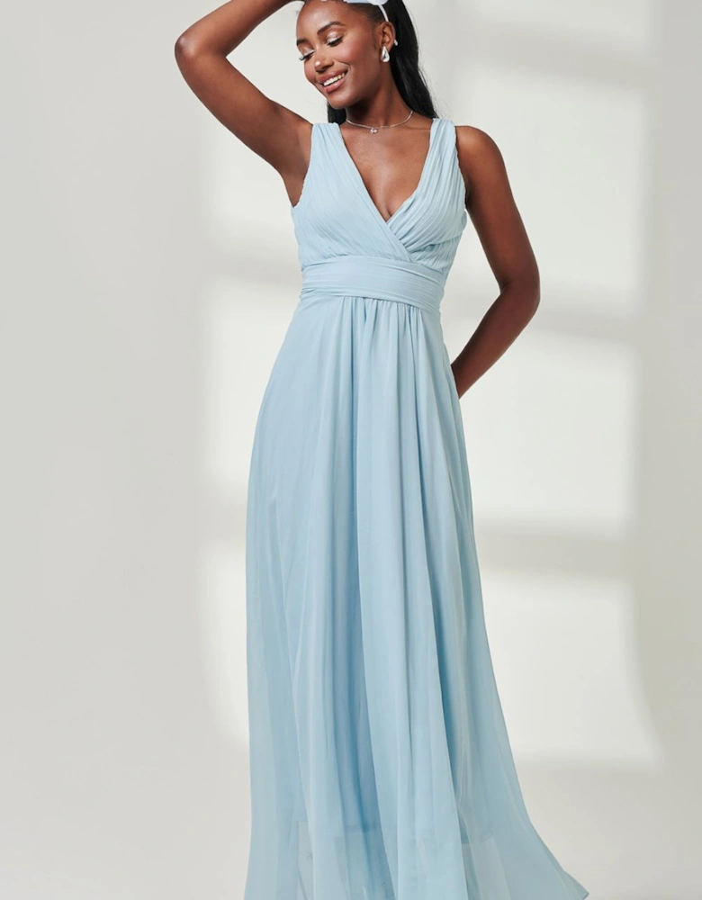 Pleated Bodice Chiffon Maxi Dress