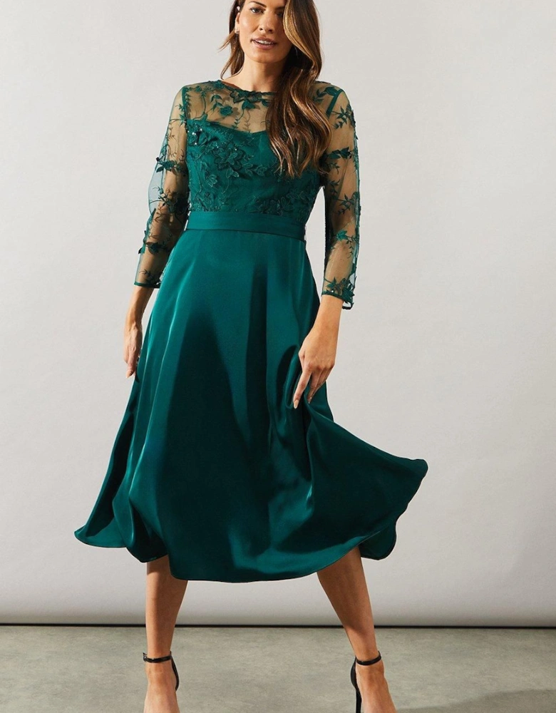 Satin And Mesh Overlay Fit And Flare Dress