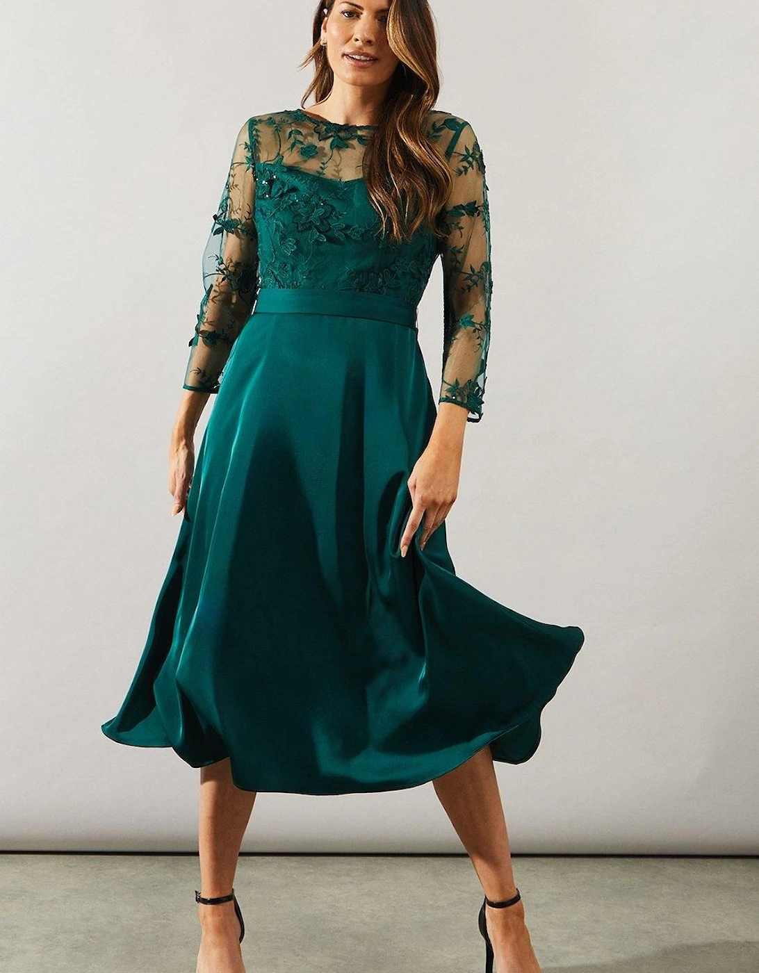 Satin And Mesh Overlay Fit And Flare Dress, 2 of 1