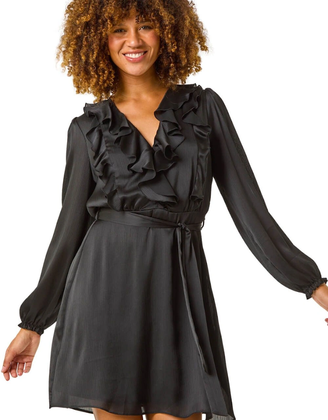 Satin V-Neck Ruffle Dress, 2 of 1