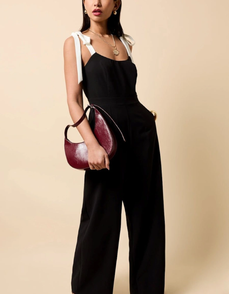 Black Contrast Shoulder Bow Jumpsuit