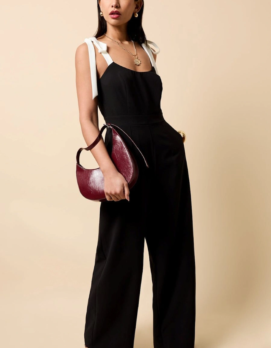 Black Contrast Shoulder Bow Jumpsuit, 2 of 1