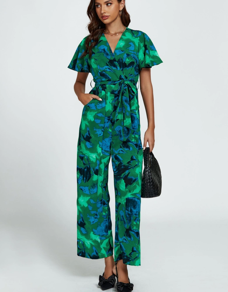 Abstract Print Wrap Top Jumpsuit In Green