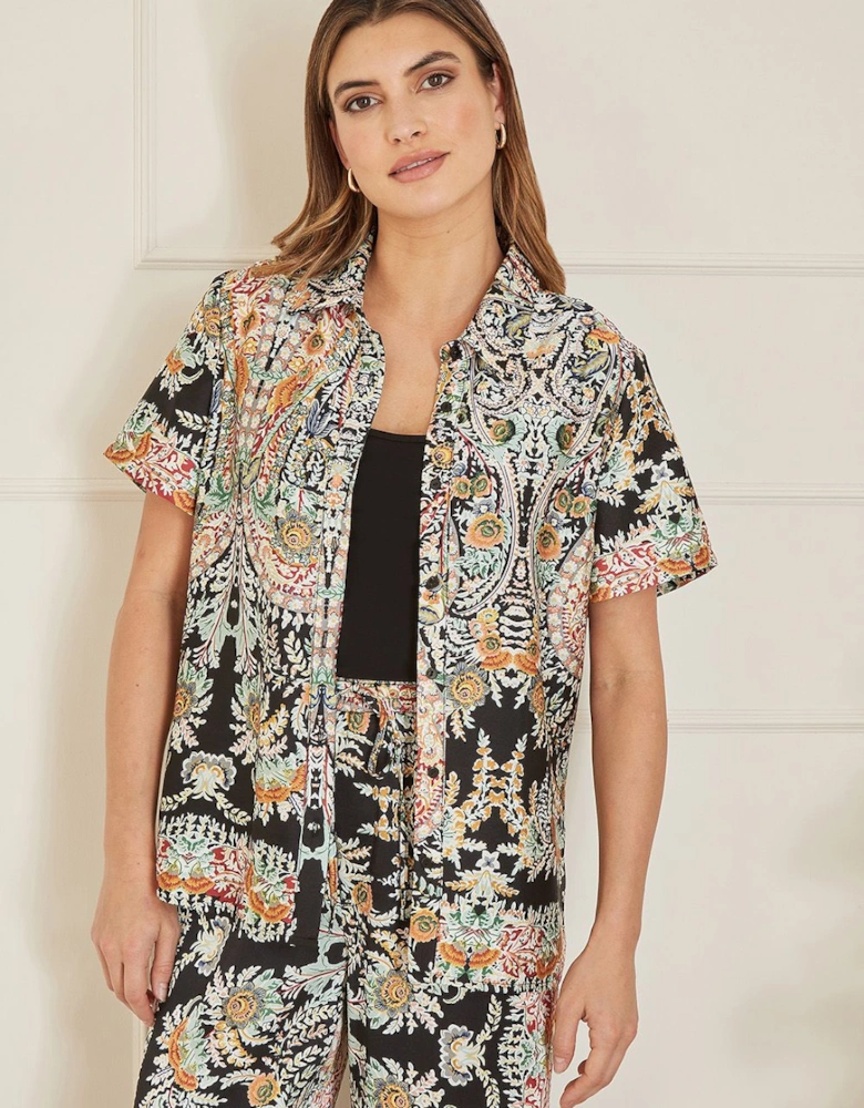 Black Satin Paisley Print Short Sleeve Shirt