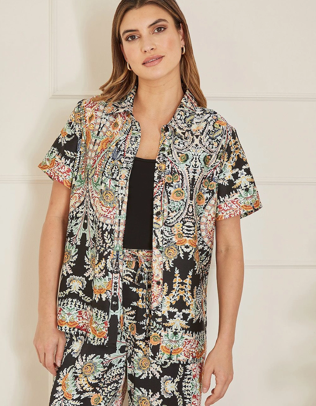 Black Satin Paisley Print Short Sleeve Shirt, 2 of 1