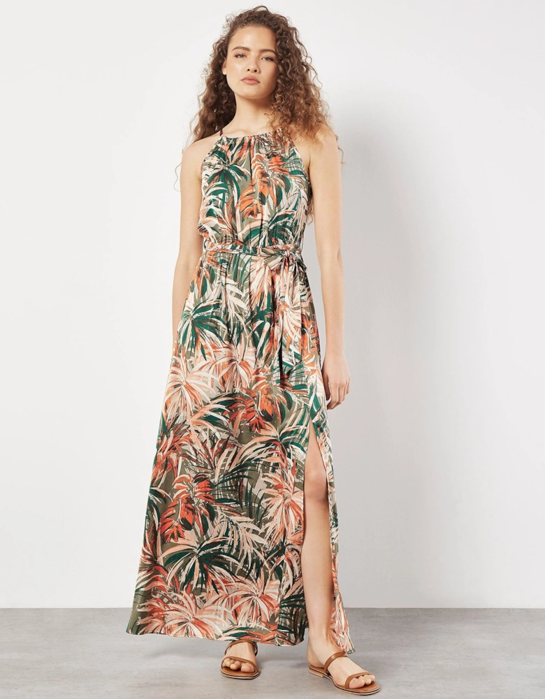 Tropical Leaf Satin Maxi Dress