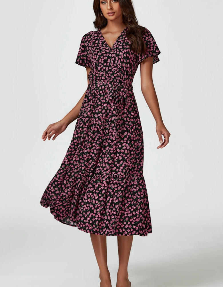 Pink Floral Print Wrap Midi Dress In Black