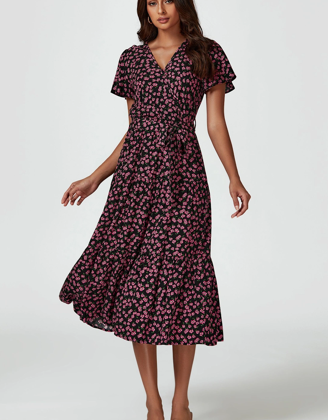 Pink Floral Print Wrap Midi Dress In Black, 2 of 1