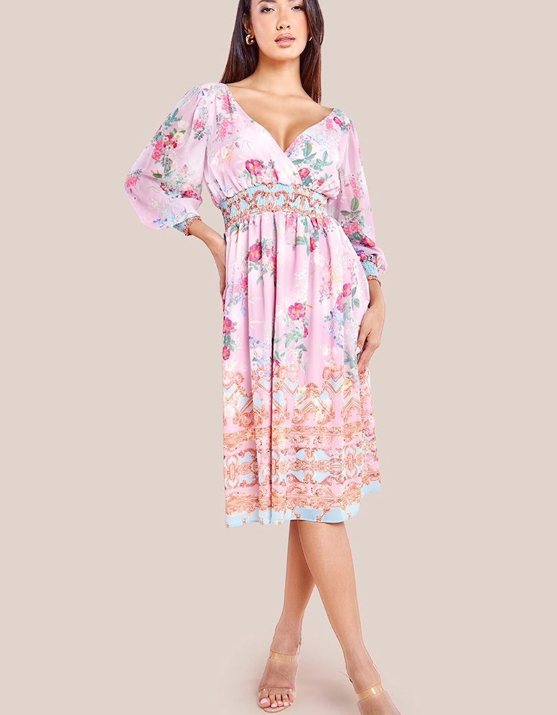 Chiffon Wrap Border Floral Print Midi Dress, 2 of 1
