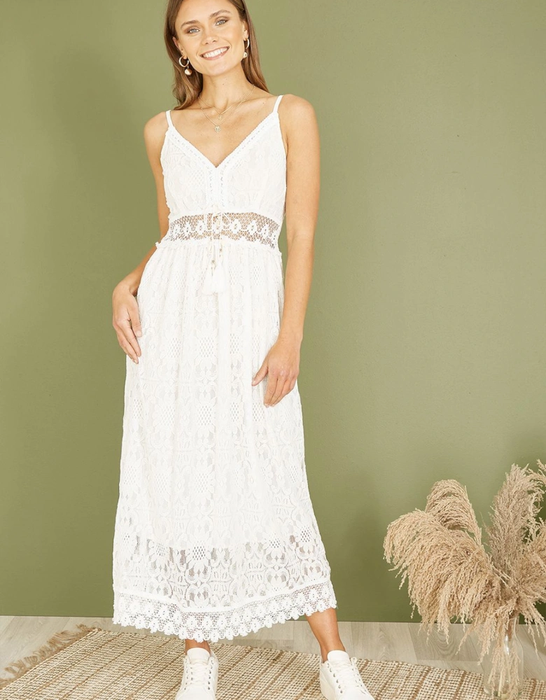 White Lace Midi Sundress With Tassel Tie and Ruched Back