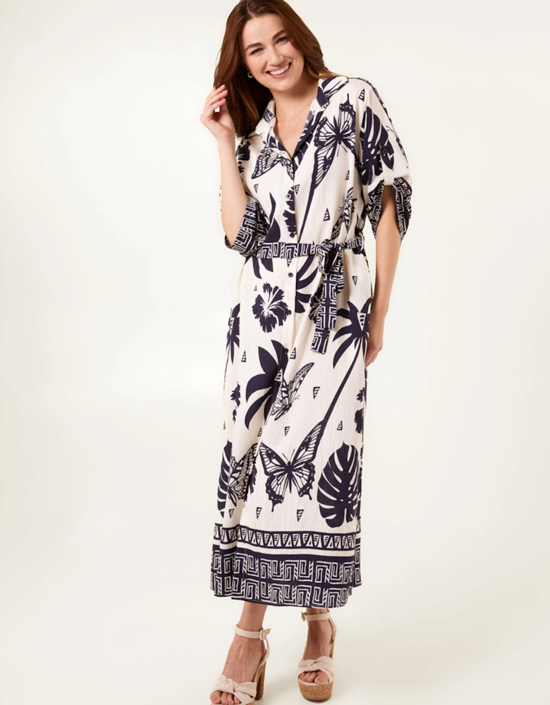 Navy Butterflies & Tropical Printed Abstract Shirt Dress