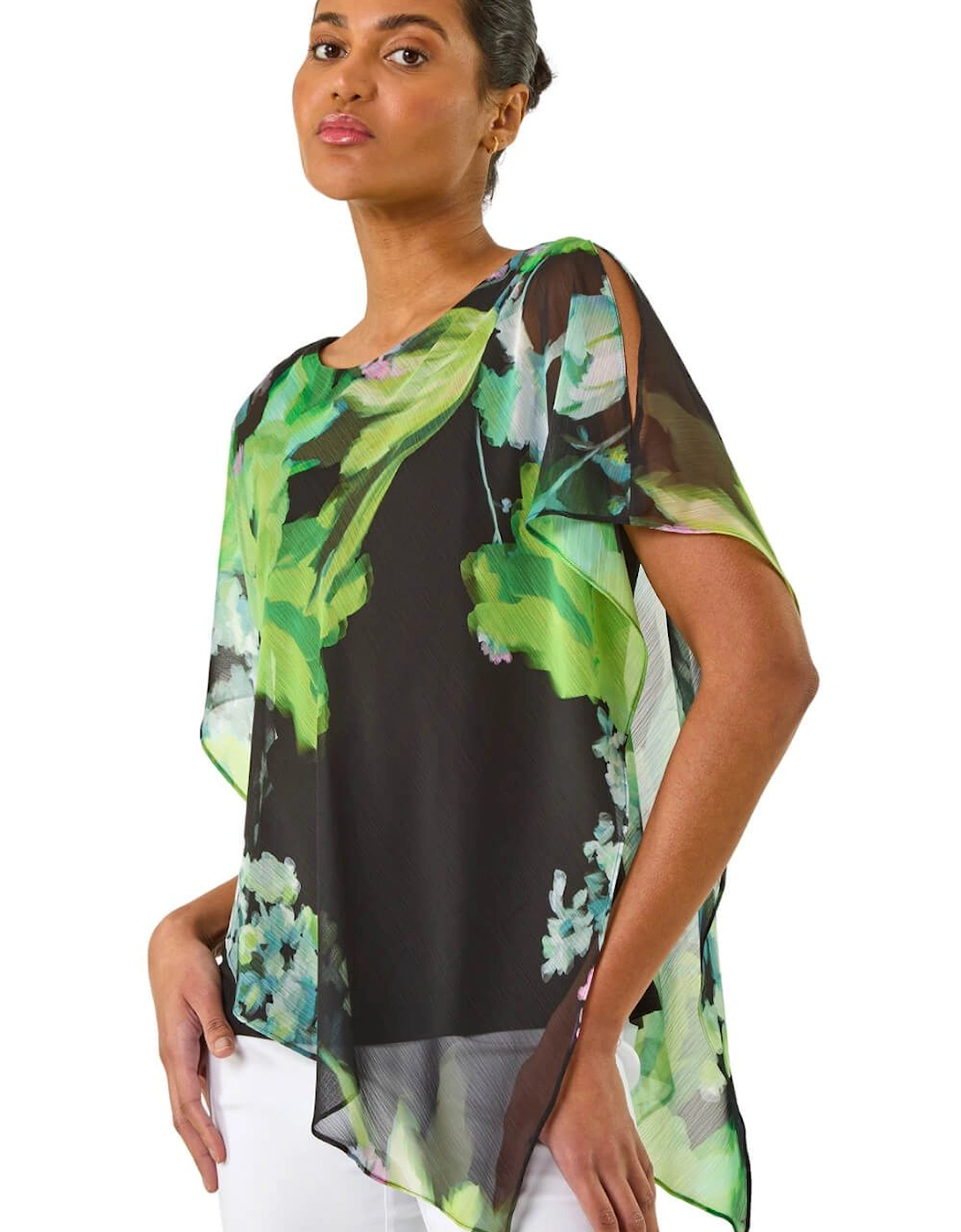 Floral Print Asymmetric Overlay Top, 2 of 1