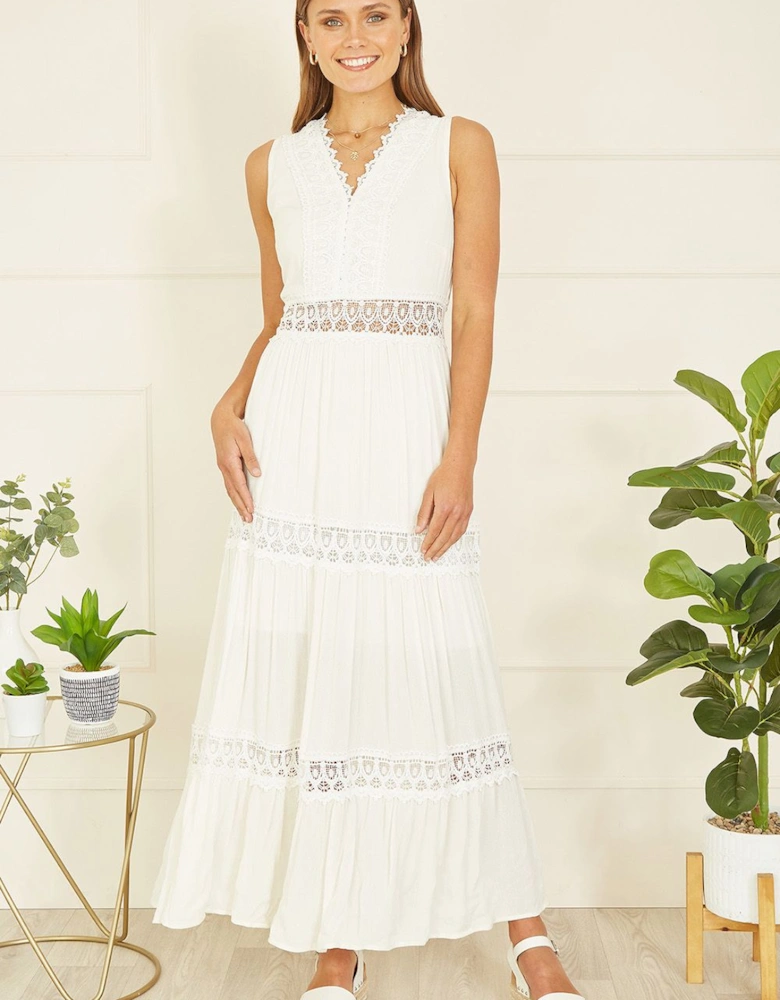 White Lace Trim Cotton Midi Sun Dress