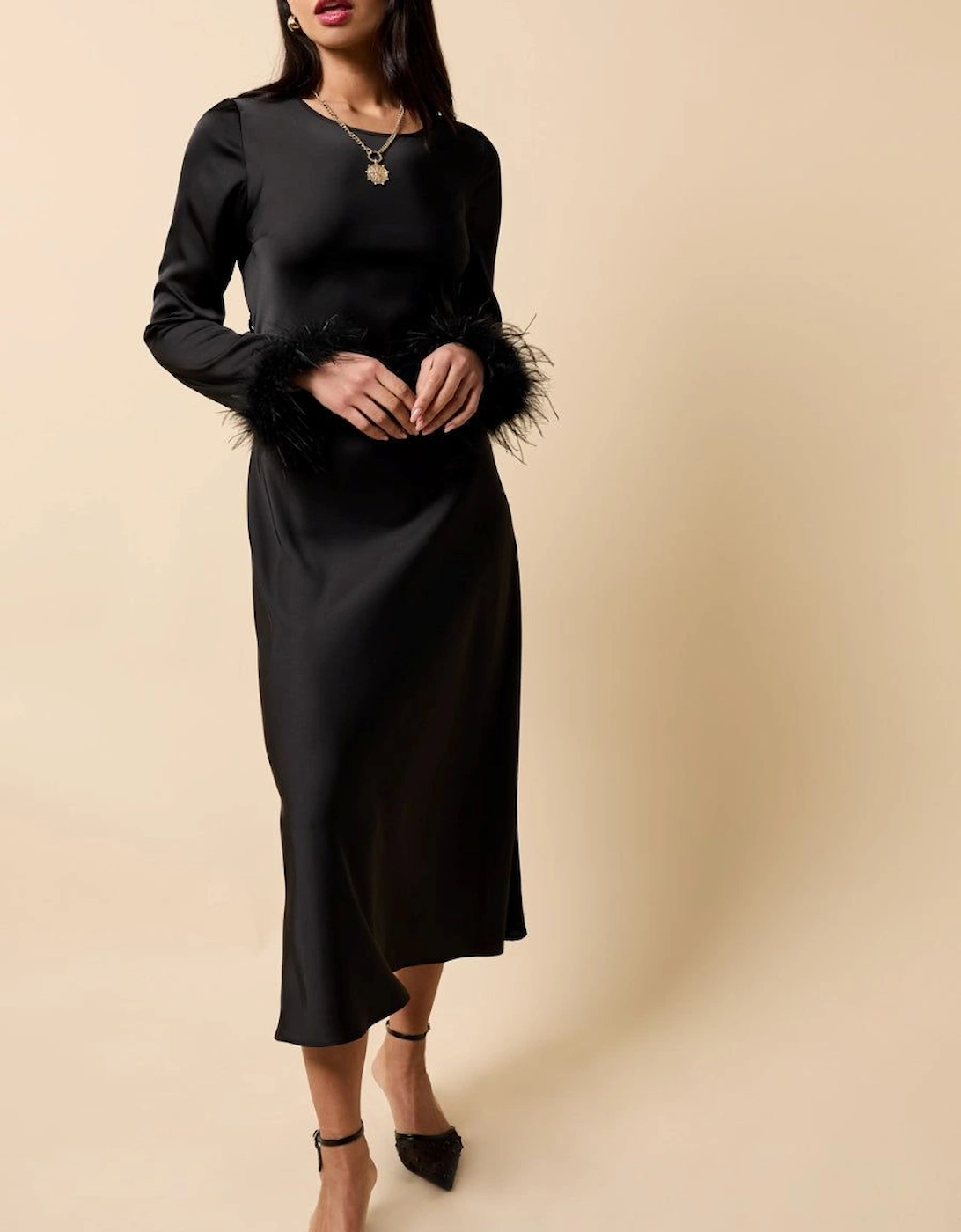 Black Satin Feather Trim Sleeve Midaxi Dress, 2 of 1