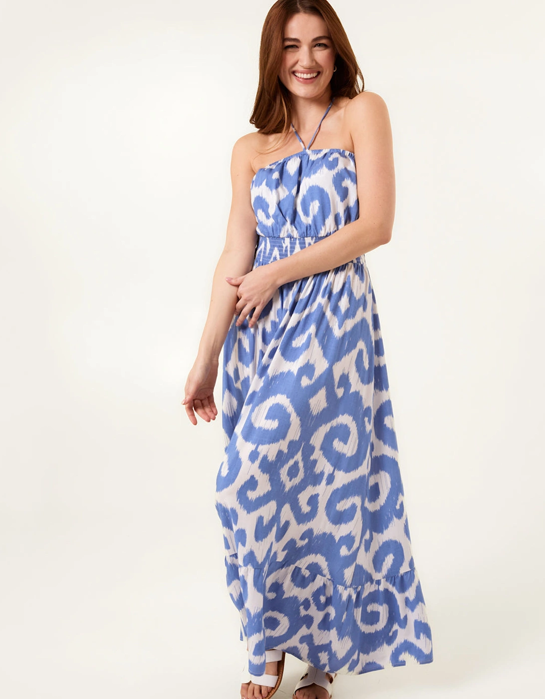 Light Blue Bandeau Printed Shirred Waist Maxi Dress, 2 of 1