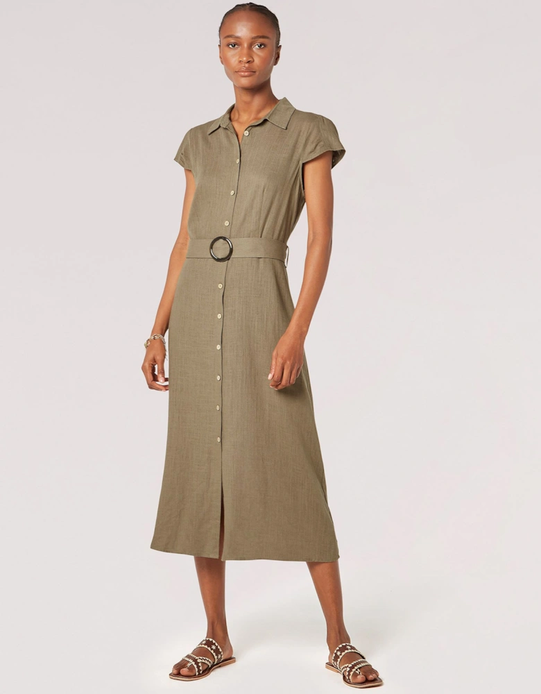 Linen Blend Belted Shirt Midi Dress
