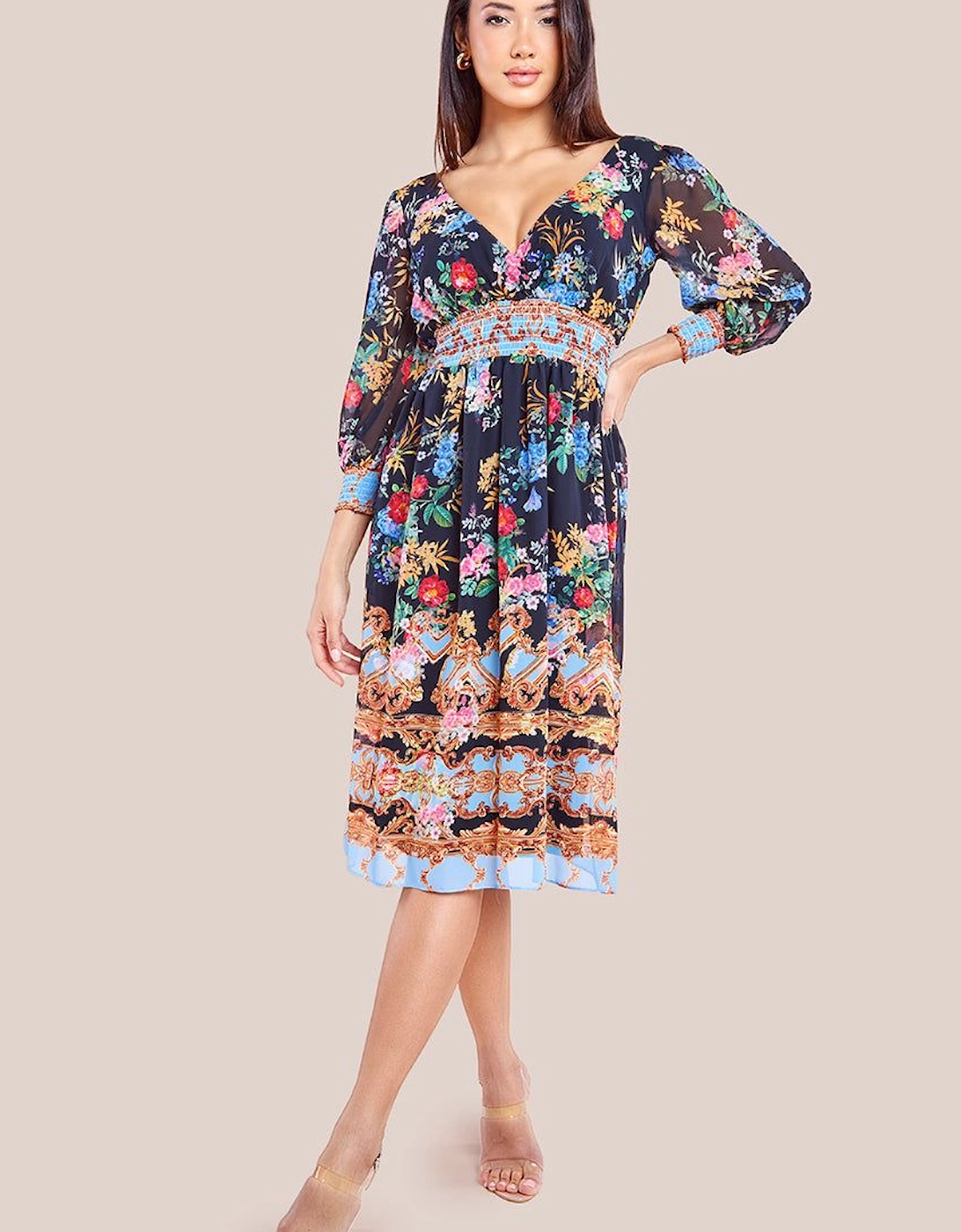 Chiffon Wrap Border Floral Print Midi Dress, 2 of 1