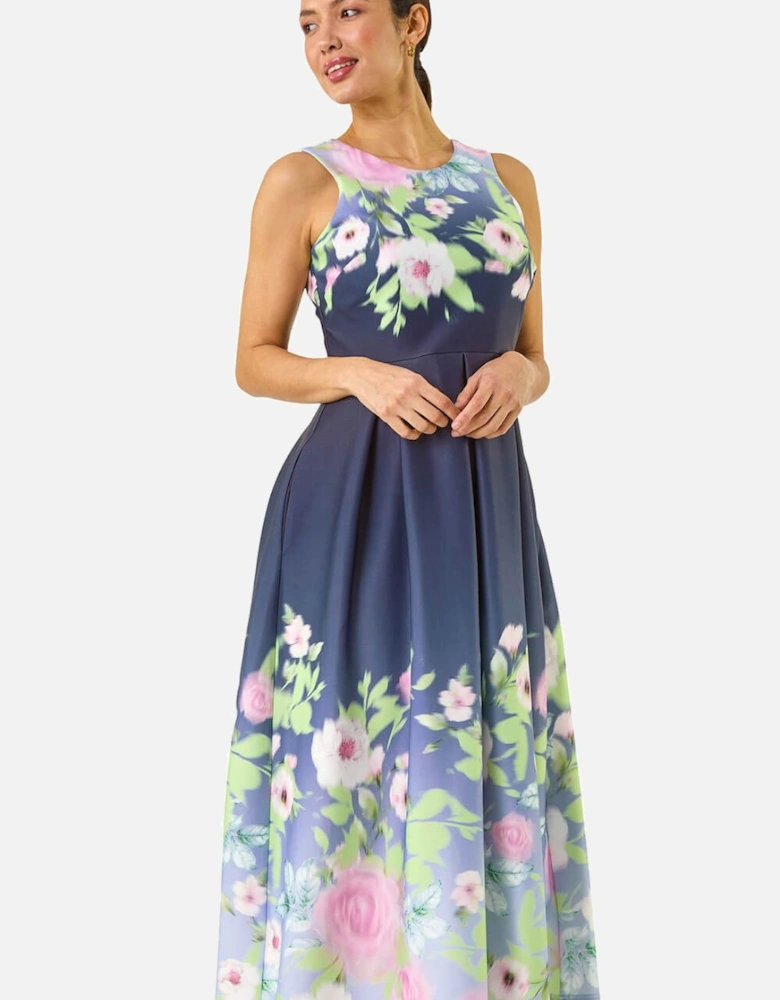 Floral Print Border Scuba Midi Dress