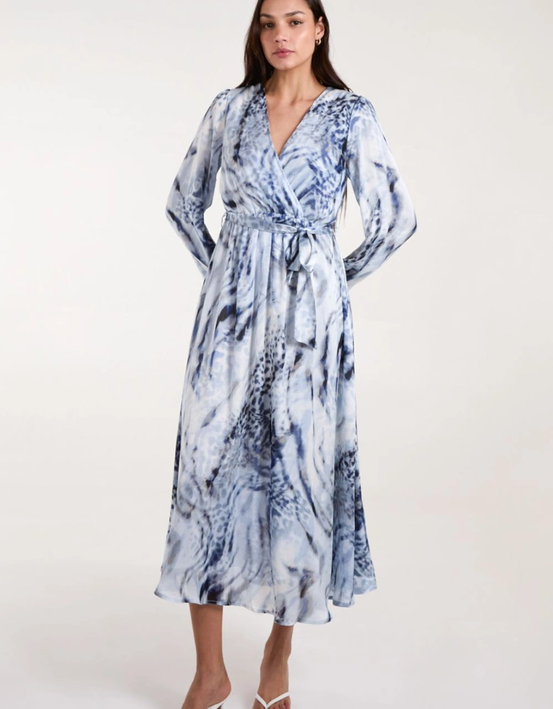 Long Sleeved Watercolour Wrap Midi Dress