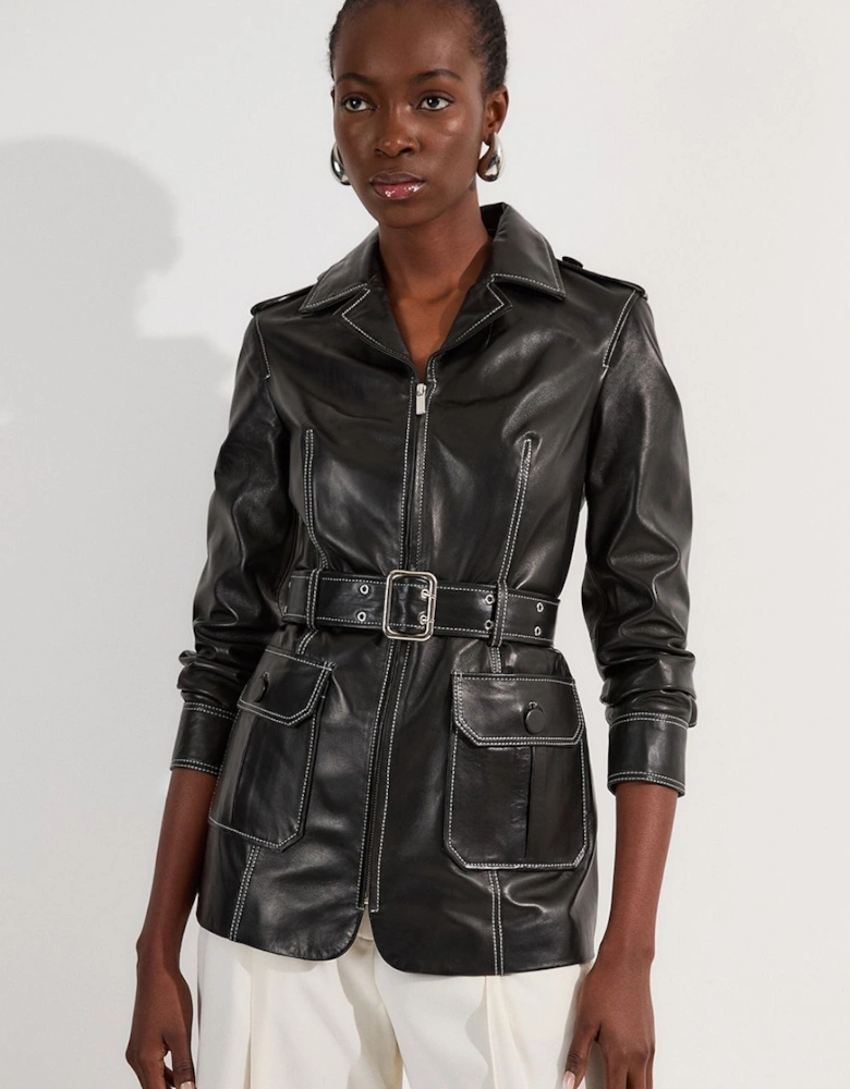 Leather Stitch Detail Tailored Belted Jacket