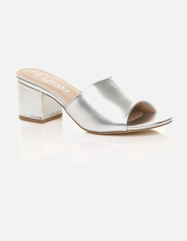 Mid Block Heel Peep Toe Mules Faux Leather Heeled Sandals