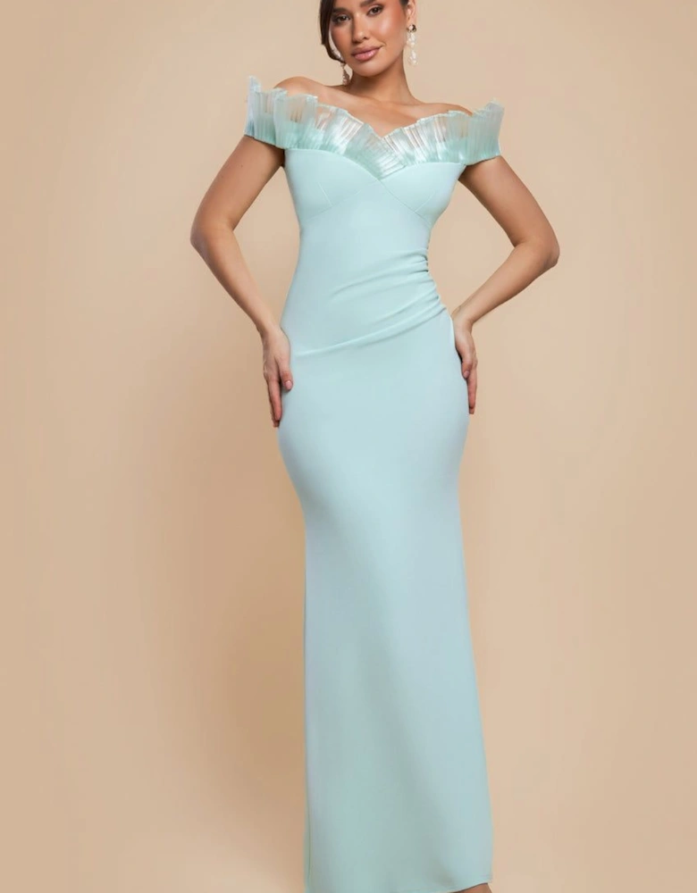 Fan Pleated Bardot Scuba Crepe Maxi Dress