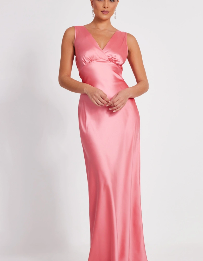 Coral Satin Cowl Back Maxi Dress