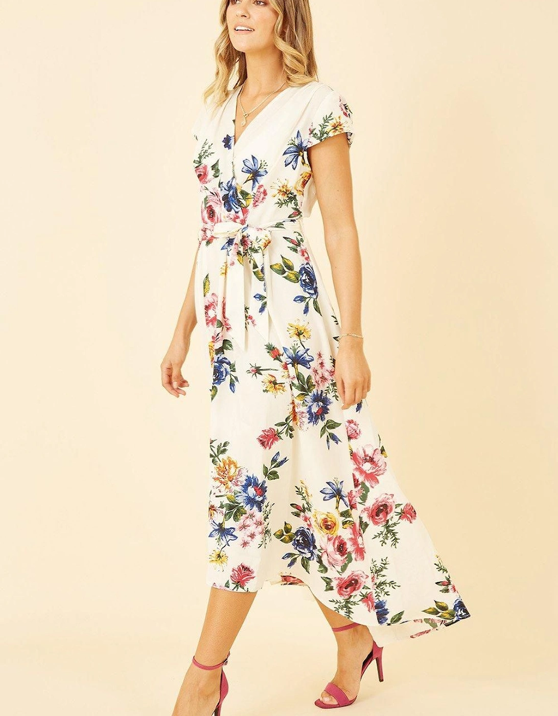 Ivory Floral Wrap Dip Hem Dress, 2 of 1
