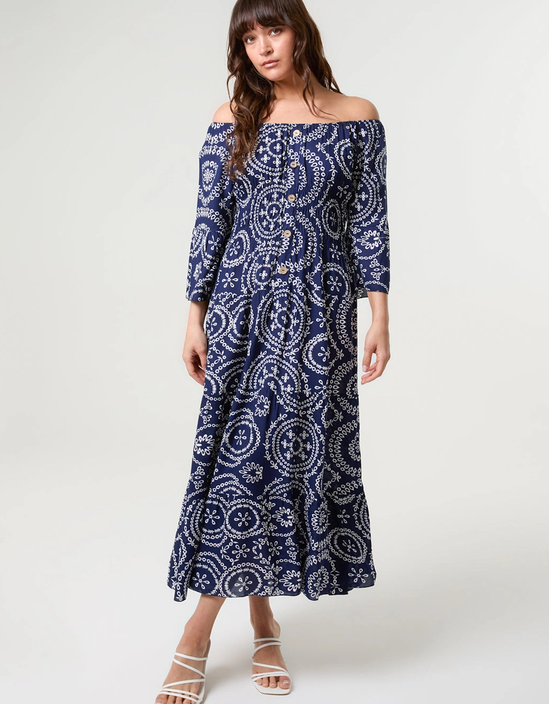 Navy Bardot Coconut Button Maxi Dress, 2 of 1