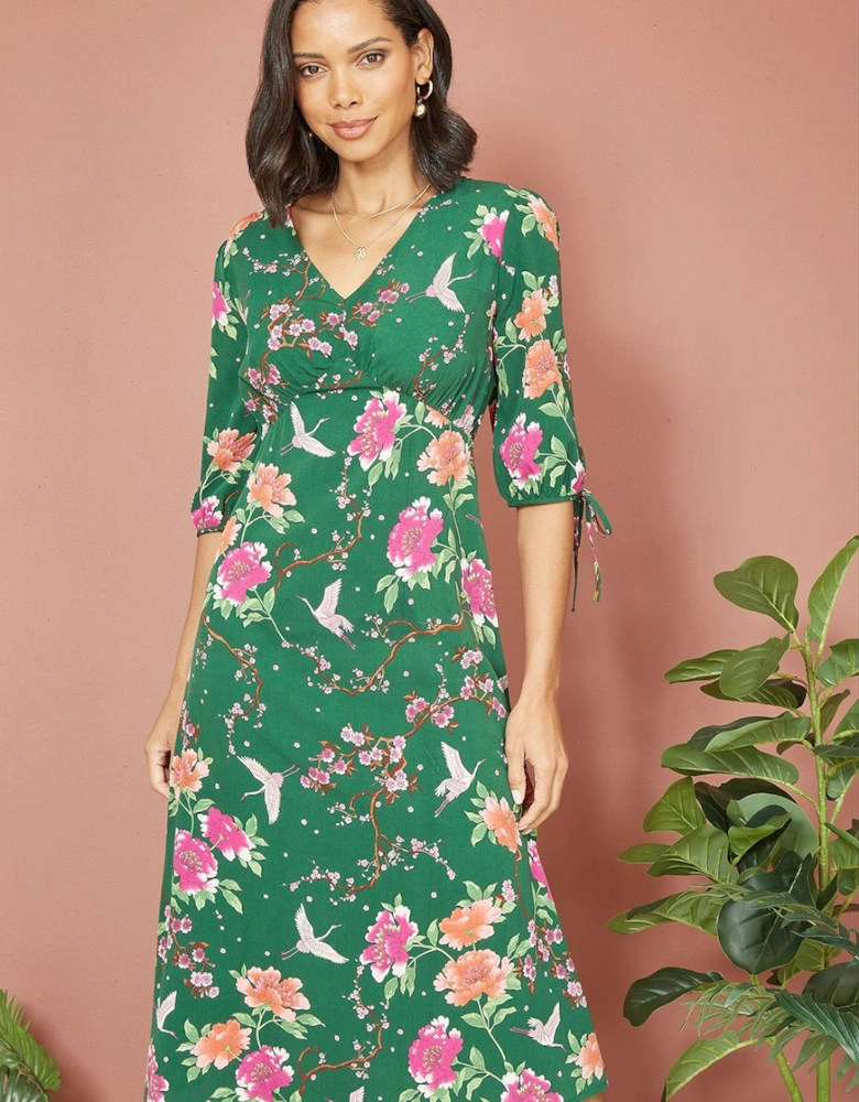 Green Recycled Crane Print Kimono Midi Dress