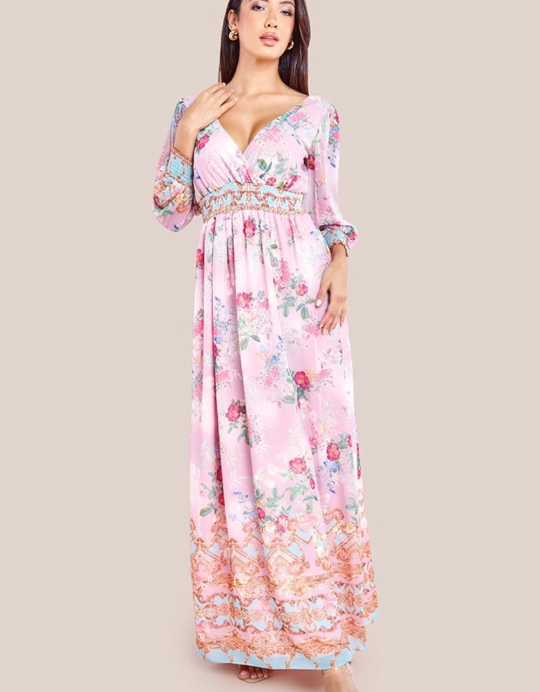 Chiffon Wrap Border Floral Print Maxi Dress