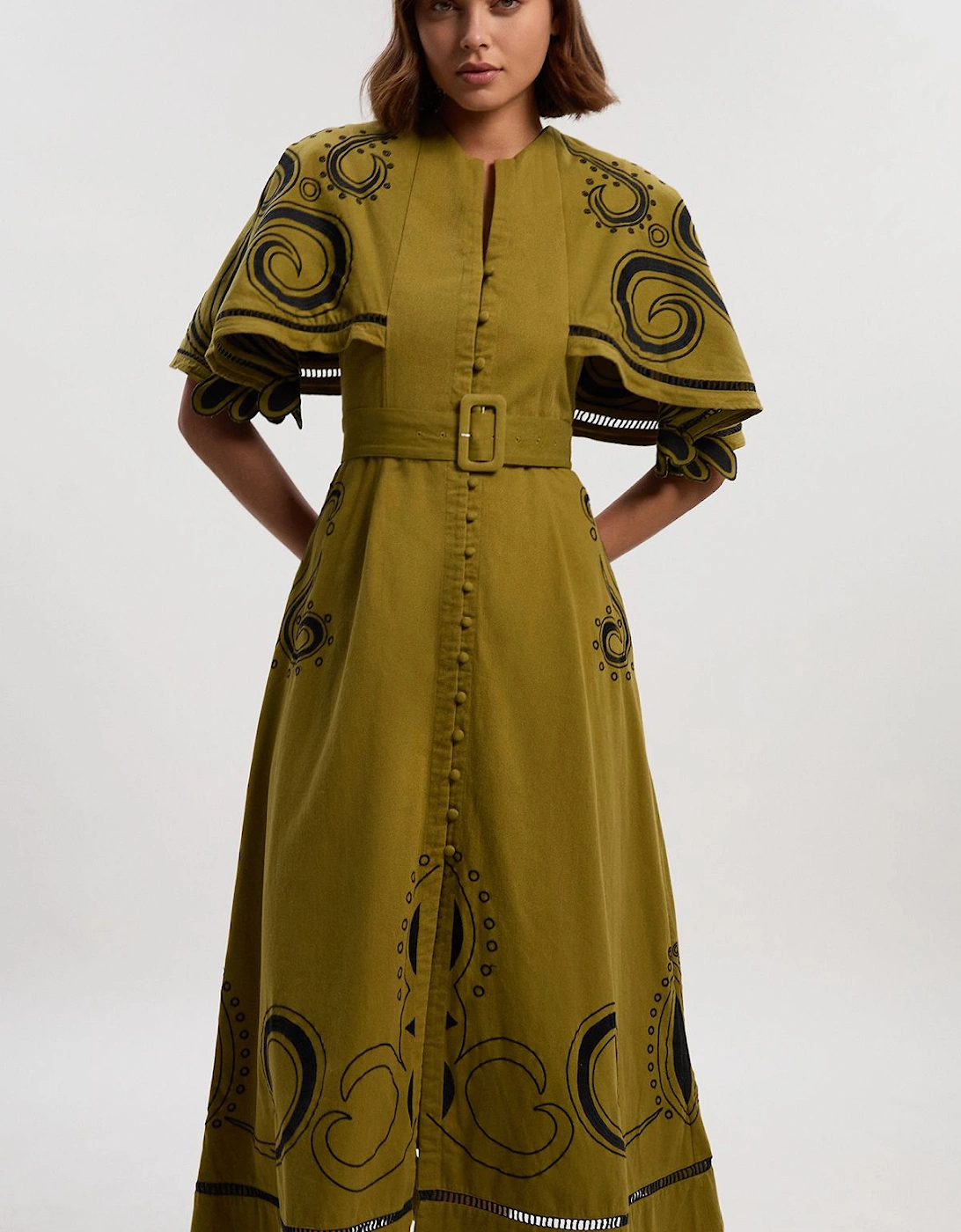 Baroque Embroidered Cape Sleeve Twill Woven Maxi Dress, 2 of 1
