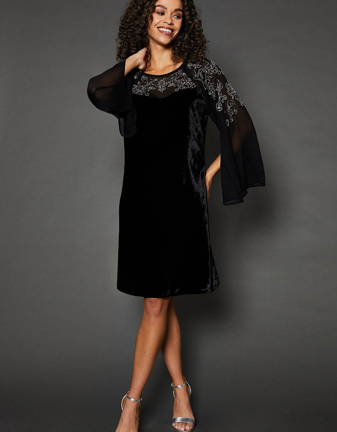 Occasion Velvet Embellished Sequin Split Sleeve Shift Dress, 2 of 1
