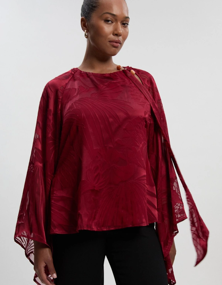 Plus Size Devoure Flared Sleeve Woven Blouse With Trim Detail