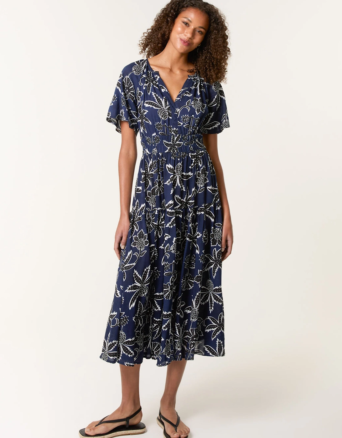 Navy Notch Neck Elastic Tropical Print Dress, 2 of 1