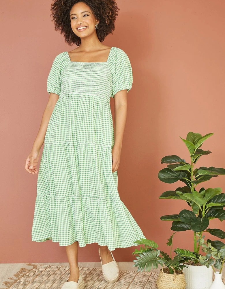 Green Gingham Smock Puff Sleeve Midi Dress
