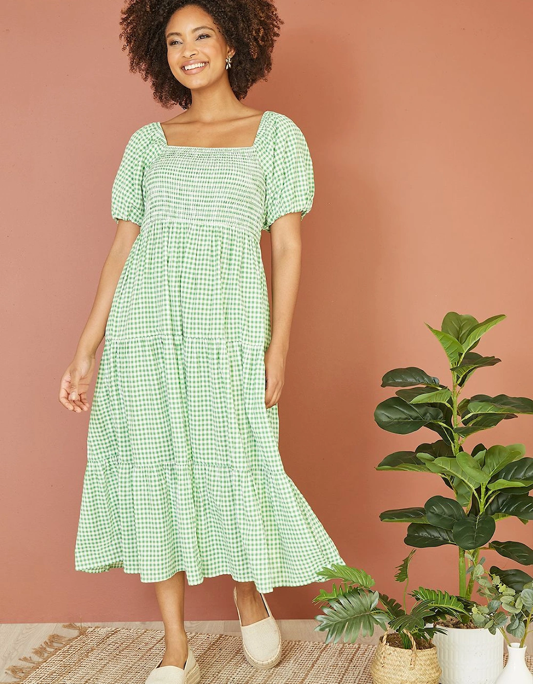 Green Gingham Smock Puff Sleeve Midi Dress, 2 of 1