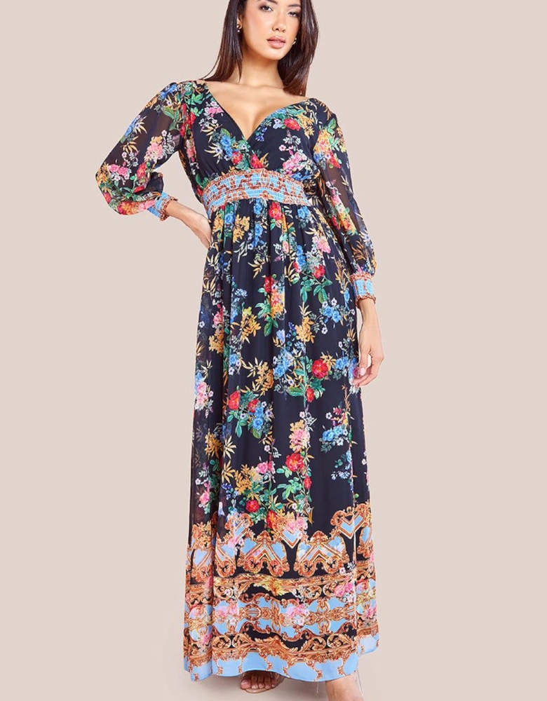 Chiffon Wrap Border Floral Print Maxi Dress