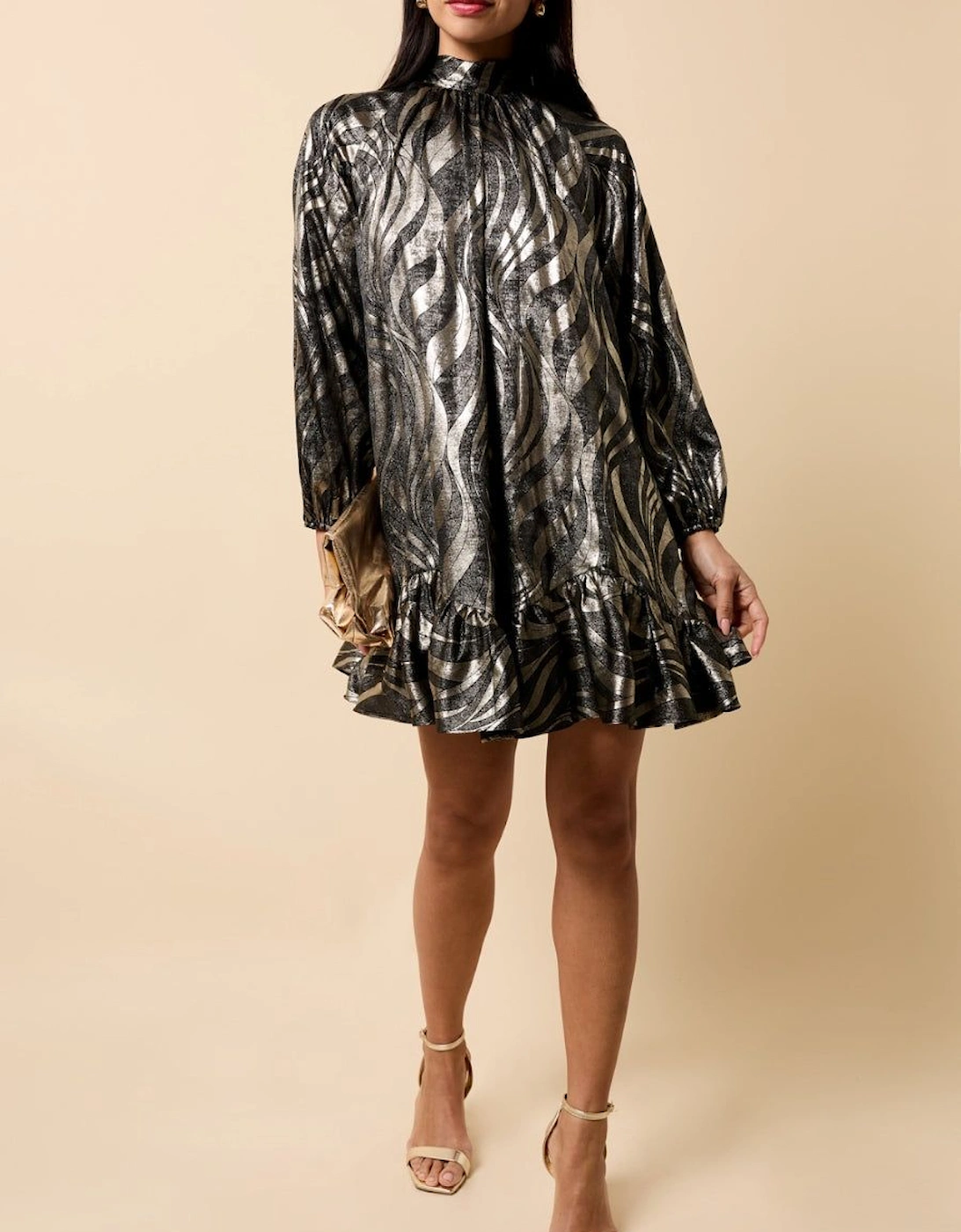 Black and Gold Foil Print Mini Dress, 2 of 1