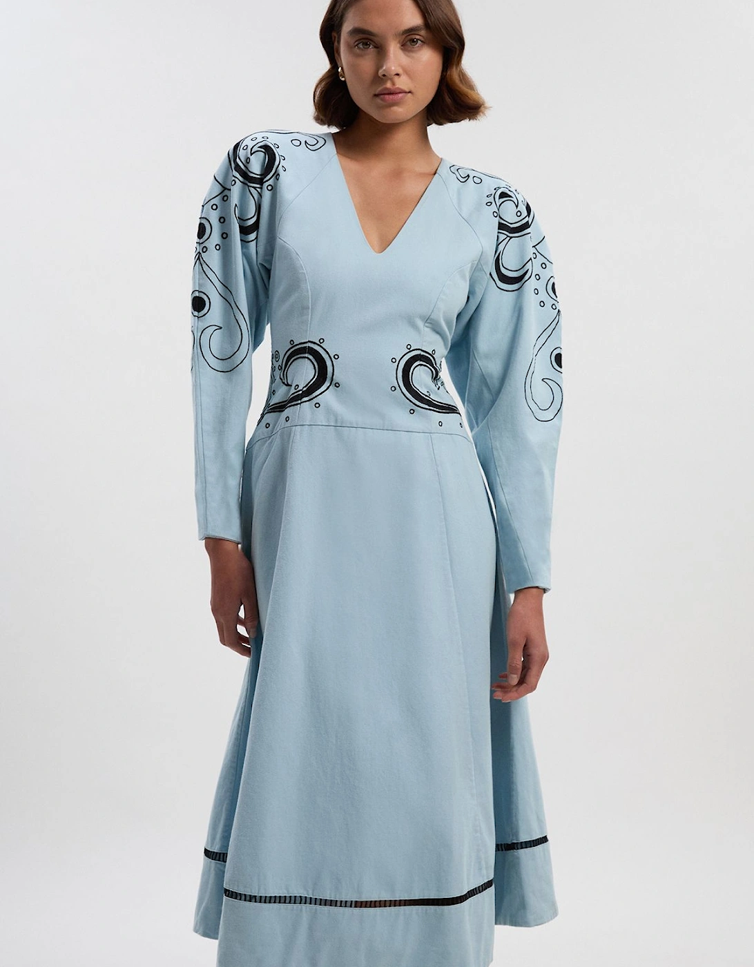 Petite Baroque Embroidered Long Sleeve Twill Woven Midi Dress, 2 of 1