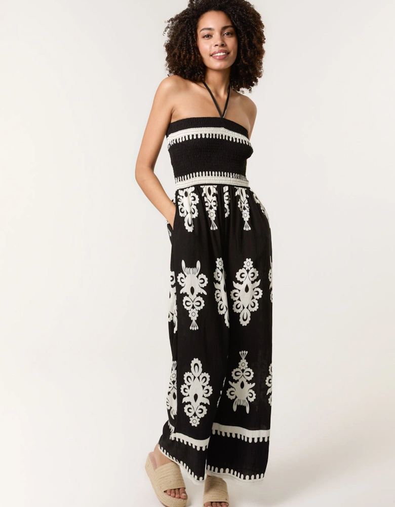 Black Strapless Shirred Waist Jumpsuit