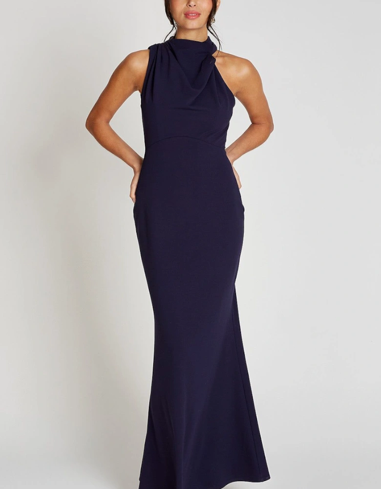 Navy Drape High Neck Maxi Dress