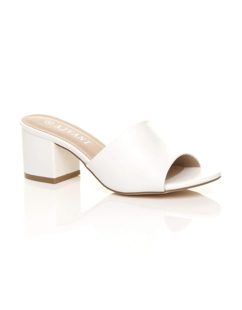 Mid Block Heel Peep Toe Mules Faux Leather Heeled Sandals