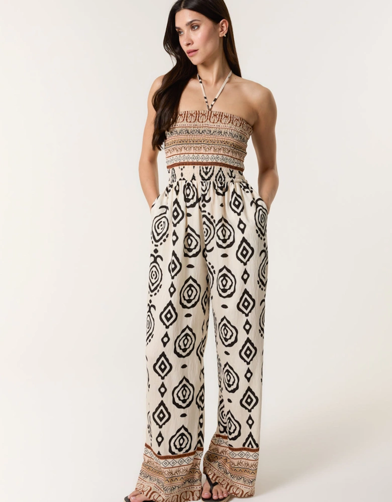Stone Print Strapless Bandeau Shirred Jumpsuit